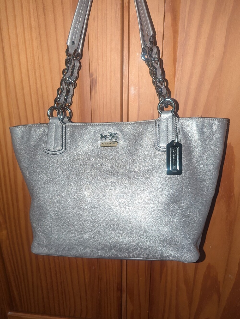 Coach Metallic Silver Leather Shoulder Tote with Chain-Strap Handles